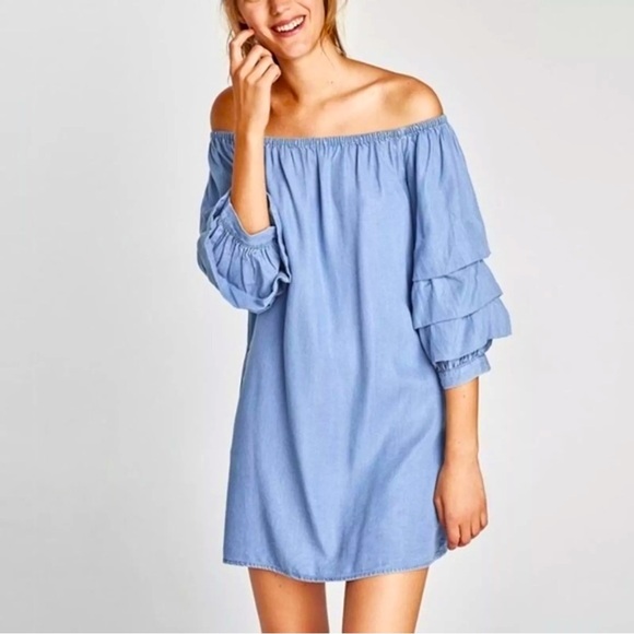 Zara off shoulder chambray denim tiered ruffle sleeve mini dress - Picture 3 of 8